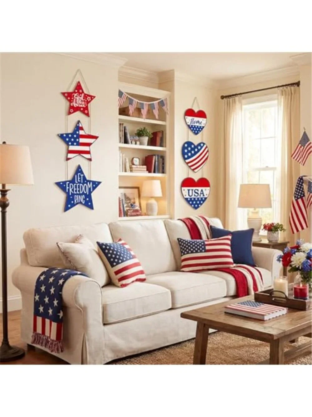 2 Pcs 4th of July Door Sign Patriotic Decoration Wooden Star Heart Wreaths